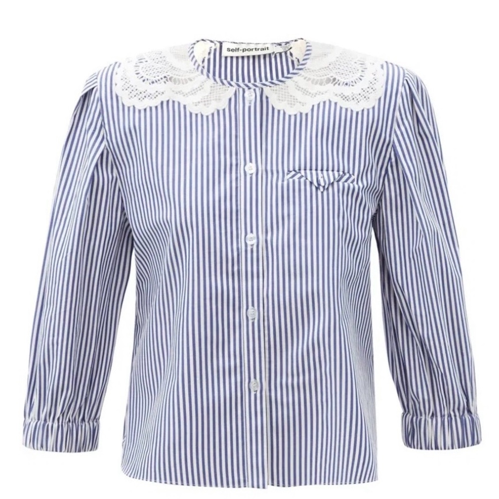 Self-Portrait Navy and White Striped Top with Lace Detail